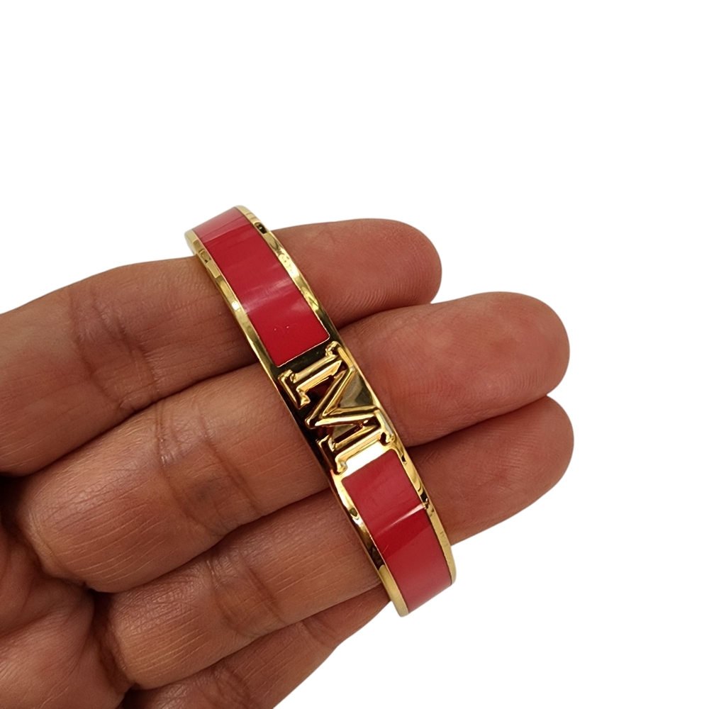 M Initial Cuff Bangle Bracelet Coral Pink Enamel Over Gold